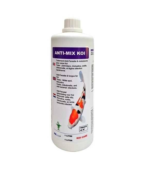 KOI ANTI-MIX 1liter doeltreffend tegen protozoaire parasieten (costia, trichodina etc..werkt niet tegen wormen!) en lichte bacteriële infecties. 1L is goed voor 40.000Liter water.