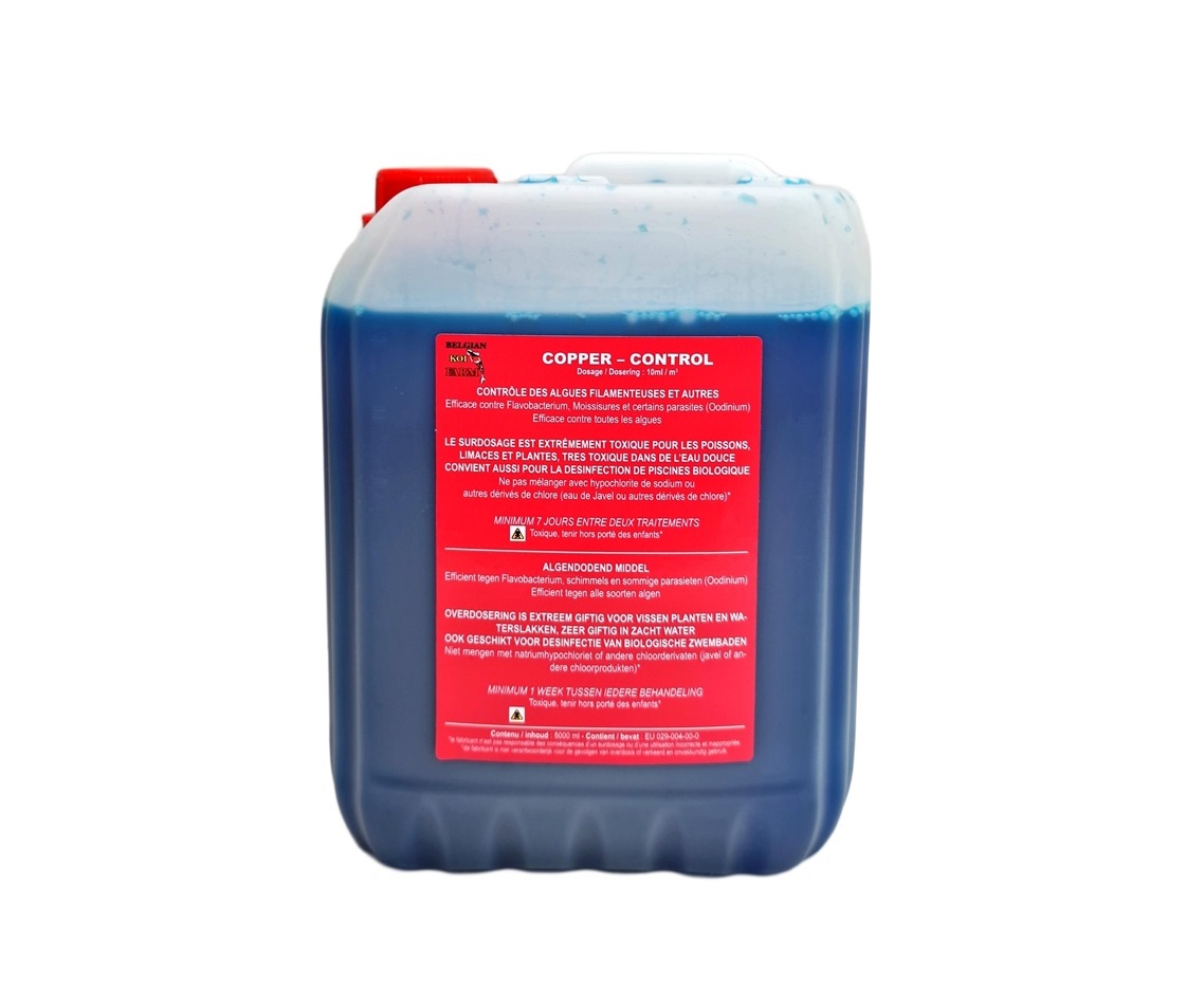 Copper control 5000 ml 1 jaar 100m3; Anti-alg; middel ter bestrijding van algen in vijver en zwembad, werkt ook tegen bepaalde ziektes. Voor desinfectie van zwembaden. Voor een schone en gezonder vijver/zwembad